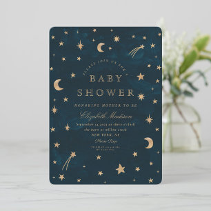Navy Celestial Gold Stars Moon Baby shower Kaart