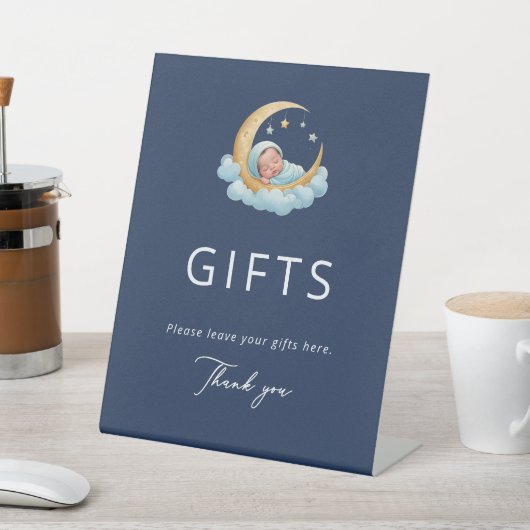 Navy Celestial Moon Baby Shower Gifts Reclamebord Met Voetstuk (Insitu)