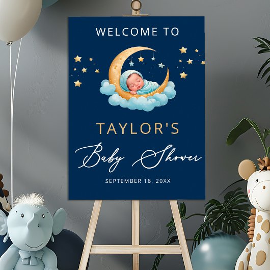 Navy Celestial Moon Stars Baby Shower Welcome Sign Poster