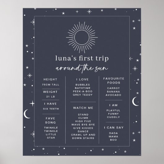 Navy Celestial Sun 1st Birthday Milestone Poster (Voorkant)