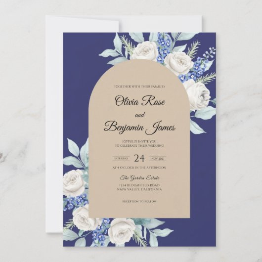 Navy Champagne Blad Bruiloft Kaart (Voorkant)