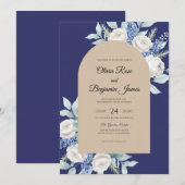 Navy Champagne Blad Bruiloft Kaart (Voorkant / Achterkant)