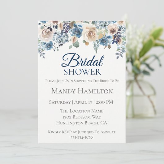 Navy Champagne Bloemen Bruids Douche Uitnodiging (Staand voorkant)