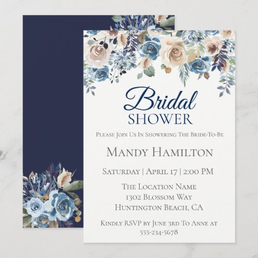 Navy Champagne Bloemen Bruids Douche Uitnodiging (Voorkant / Achterkant)