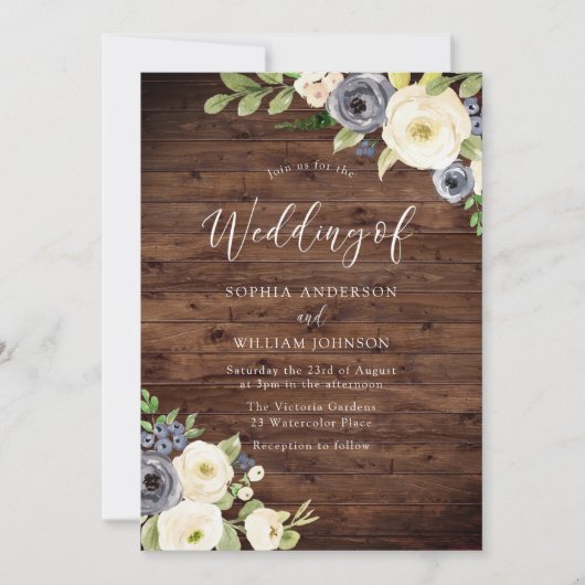 Navy & Champagne Flowers Rustic Wedding Kaart (Voorkant)