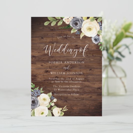 Navy & Champagne Flowers Rustic Wedding Kaart (Staand voorkant)