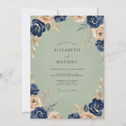 Navy Champagne Ranunculus Eucalyptus Bruiloft Kaart (Voorkant)