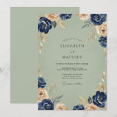 Navy Champagne Ranunculus Eucalyptus Bruiloft Kaart (Voorkant / Achterkant)