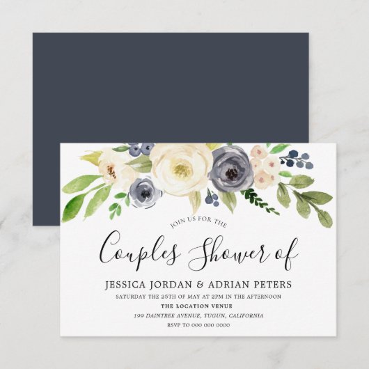 Navy & Champagne Waterverf Bloemen Koppels Bruisfe Kaart (Voorkant / Achterkant)