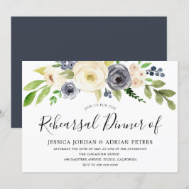 Navy Champagne Waterverf Flowers Rehearsal Dinner Kaart