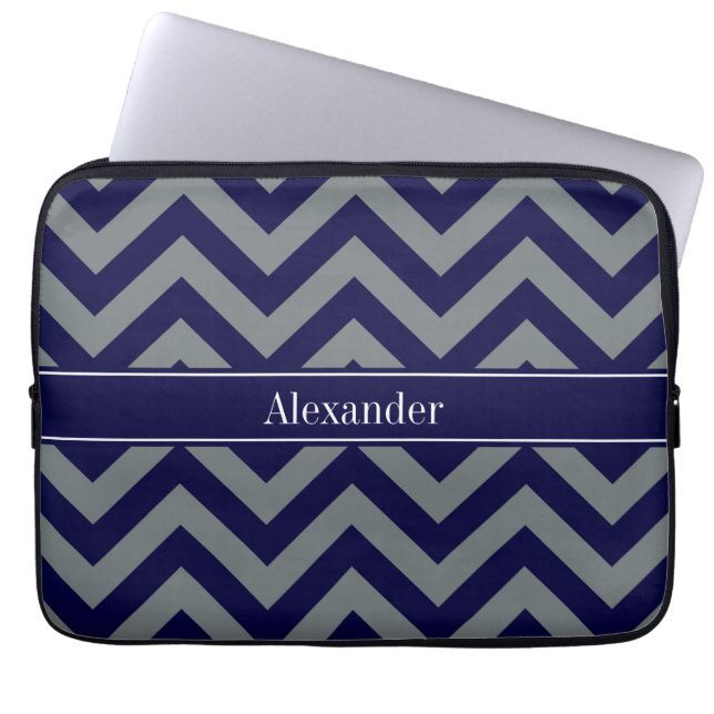 Navy, Charcoal LG Chevron Navy Blue Name Monogram Laptop Sleeve (Voorkant)