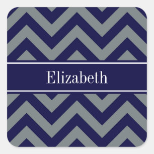 Navy, Charcoal LG Chevron Navy Blue Name Monogram Vierkante Sticker