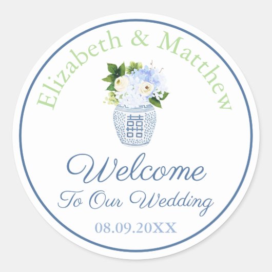 Navy & Chartreuse Chinoiserie Chique bruiloft Welk Ronde Sticker (Voorkant)