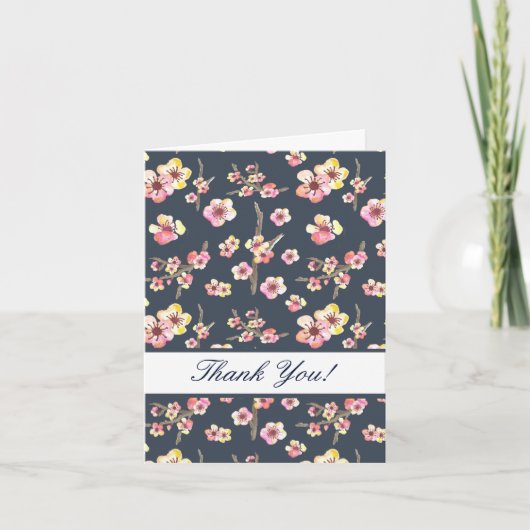 Navy Cherry Blossom Bloemen Dank u Bedankkaart (Voorkant)