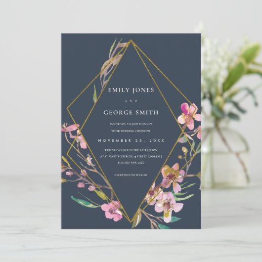 NAVY CHERRY BLOSSOM FLORAL LIJST WEDDING INVITE BEDANKKAART (Staand voorkant)