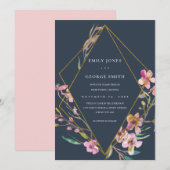 NAVY CHERRY BLOSSOM FLORAL LIJST WEDDING INVITE BEDANKKAART (Voorkant / Achterkant)