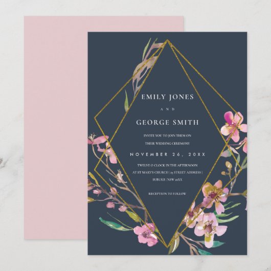 NAVY CHERRY BLOSSOM FLORAL LIJST WEDDING INVITE BEDANKKAART (Voorkant / Achterkant)