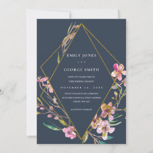 NAVY CHERRY BLOSSOM FLORAL LIJST WEDDING INVITE BEDANKKAART