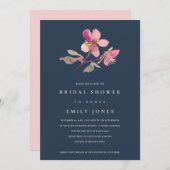 NAVY CHERRY BLOSSOM FLORAL VRIJGEZELLENFEEST INVIT BEDANKKAART (Voorkant / Achterkant)