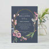 NAVY CHERRY BLOSSOM FLORAL VRIJGEZELLENFEEST INVIT BEDANKKAART (Staand voorkant)