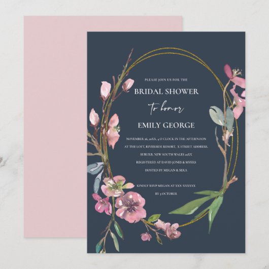 NAVY CHERRY BLOSSOM FLORAL VRIJGEZELLENFEEST INVIT BEDANKKAART (Voorkant / Achterkant)