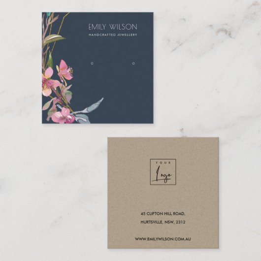 NAVY CHERRY BLOSSOM STUD EARRING DISPLAY LOGO VIERKANTE VISITEKAARTJE (Voorkant / Achterkant)