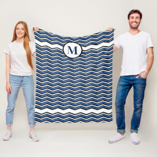 Navy Chevron Blue Gray Nautical Monogram Fleece Deken