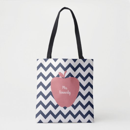 Navy Chevron Coral Apple leraar Tote Bag (Voorkant)