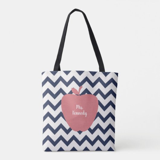 Navy Chevron Coral Apple leraar Tote Bag (Achterkant)