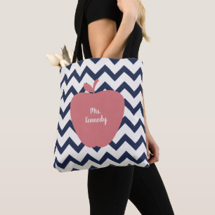 Navy Chevron Coral Apple leraar Tote Bag