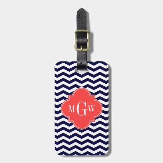 Navy Chevron Coral Red Quatrefoil 3 Monogram Tn Bagagelabel (Voorkant verticaal)