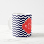 Navy Chevron Coral Red Quatrefoil 3 Monogram Tn Koffiemok (Voorkant links)