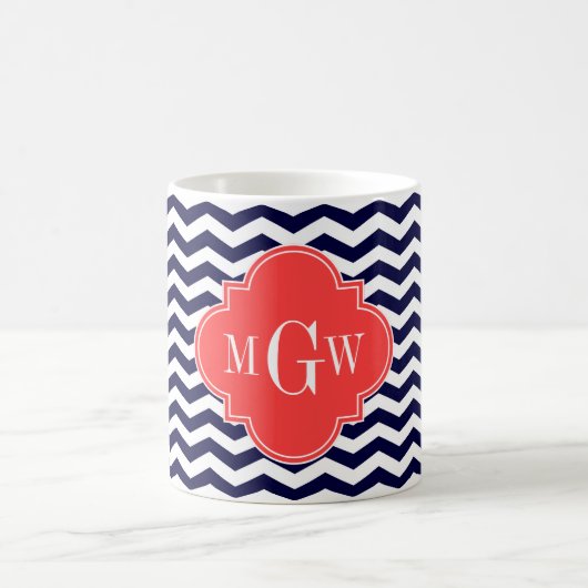 Navy Chevron Coral Red Quatrefoil 3 Monogram Tn Koffiemok (Center)