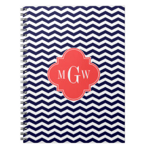 Navy Chevron Coral Red Quatrefoil 3 Monogram Tn Notitieboek