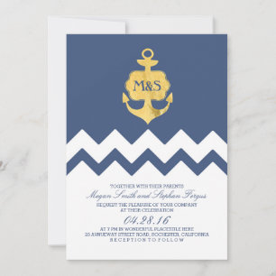 Navy Chevron Gold Foil Anchor Nautical Wedding Kaart