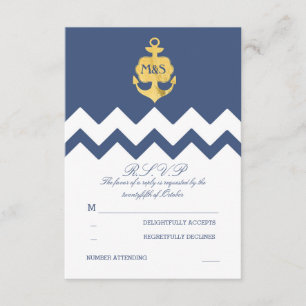 Navy Chevron Gold Foil Anchor Wedding RSVP-kaarten RSVP Kaartje