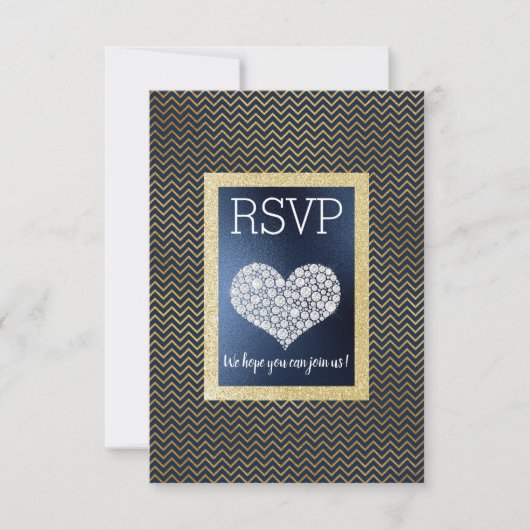 Navy Chevron Gouden Hart RSVP eenvoudig elegant (Voorkant)
