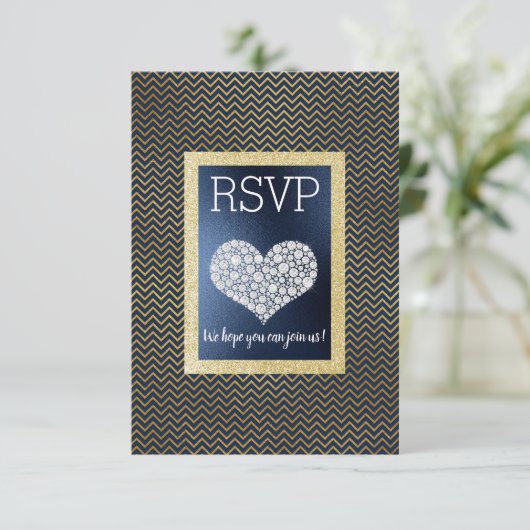Navy Chevron Gouden Hart RSVP eenvoudig elegant (Staand voorkant)