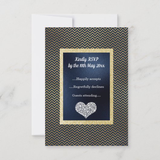 Navy Chevron Gouden Hart RSVP eenvoudig elegant (Achterkant)