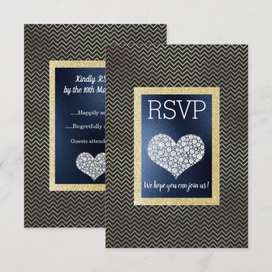 Navy Chevron Gouden Hart RSVP eenvoudig elegant Kaartje (Voorkant / Achterkant)