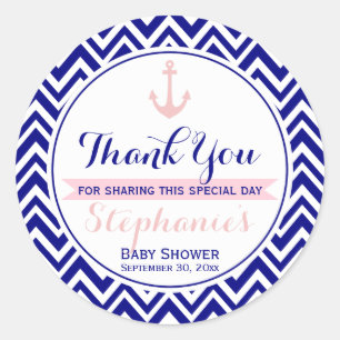Navy Chevron met Baby Roze Nautisch Baby shower Ronde Sticker