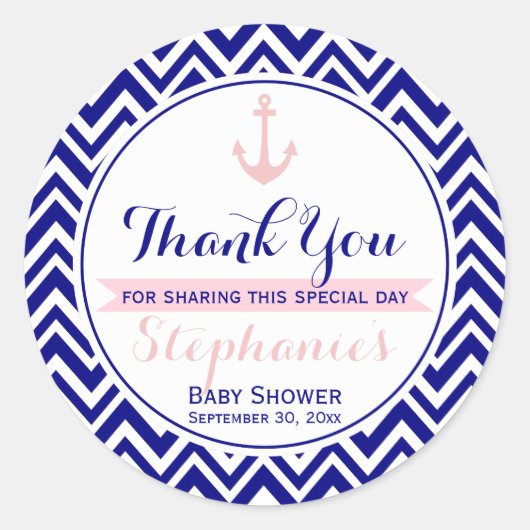 Navy Chevron met Baby Roze Nautisch Baby shower Ronde Sticker (Voorkant)