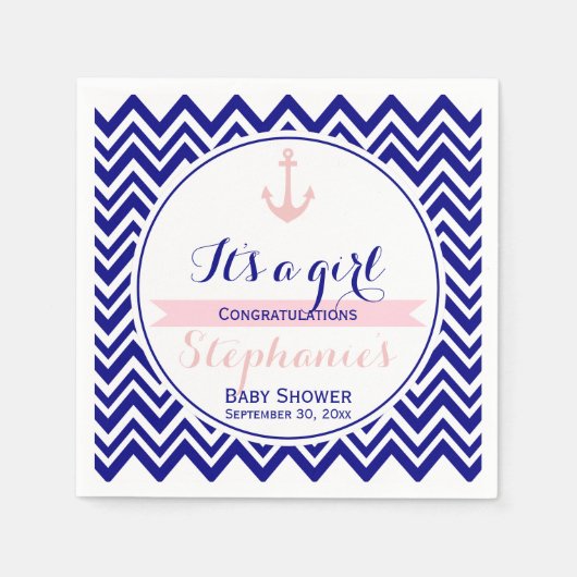 Navy Chevron met Baby Roze Nautisch Baby shower Servetten (Voorkant)