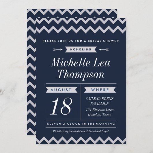 Navy Chevron Stylish Bridal Shower Invitaties Kaart (Voorkant / Achterkant)