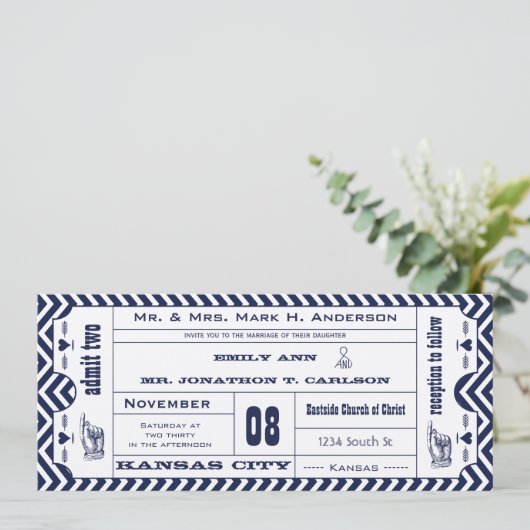 Navy Chevron Zig Zag  Modern Ticket Wedding Kaart (Staand voorkant)