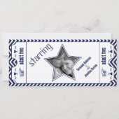 Navy Chevron Zig Zag  Modern Ticket Wedding Kaart (Achterkant)