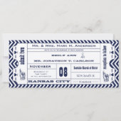 Navy Chevron Zig Zag  Modern Ticket Wedding Kaart (Voorkant)