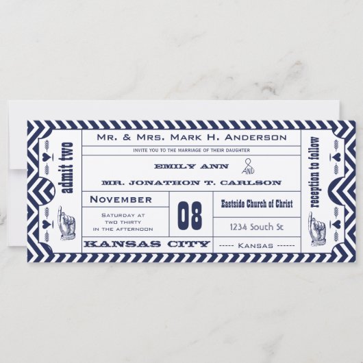 Navy Chevron Zig Zag  Modern Ticket Wedding Kaart (Voorkant)