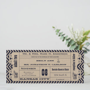 Navy Chevron Zig Zag  Modern Ticket Wedding Kaart