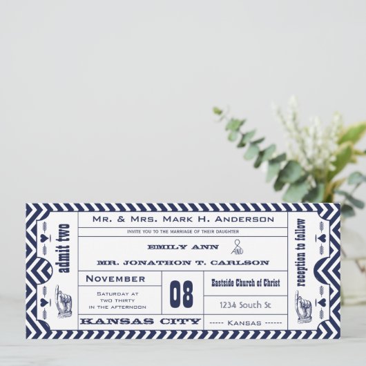Navy Chevron Zig Zag  Modern Ticket Wedding Kaart (Staand voorkant)
